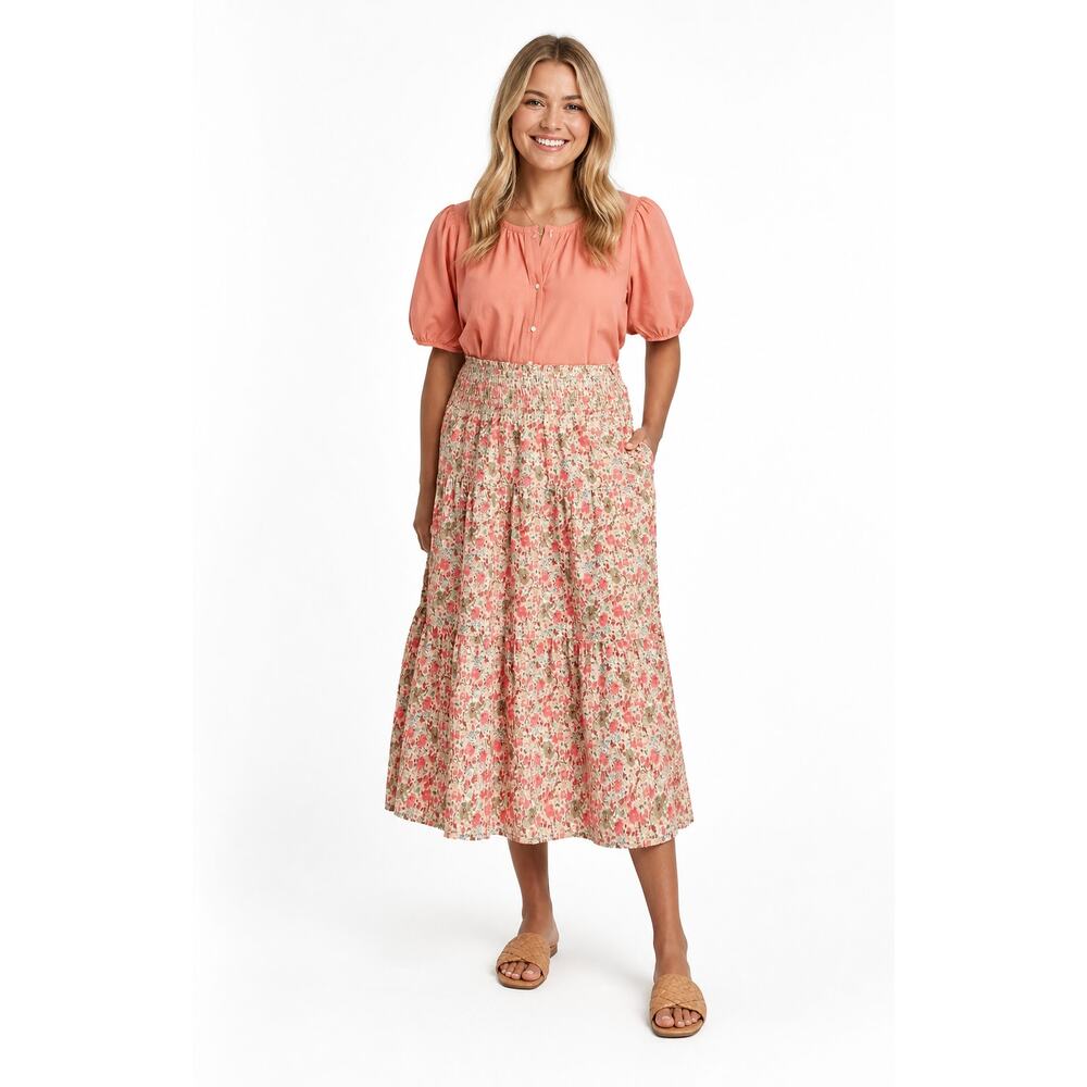 Universal Thread Floral Smocked Midi Skirt Womens Size 4X Pockets Tiered Pull On